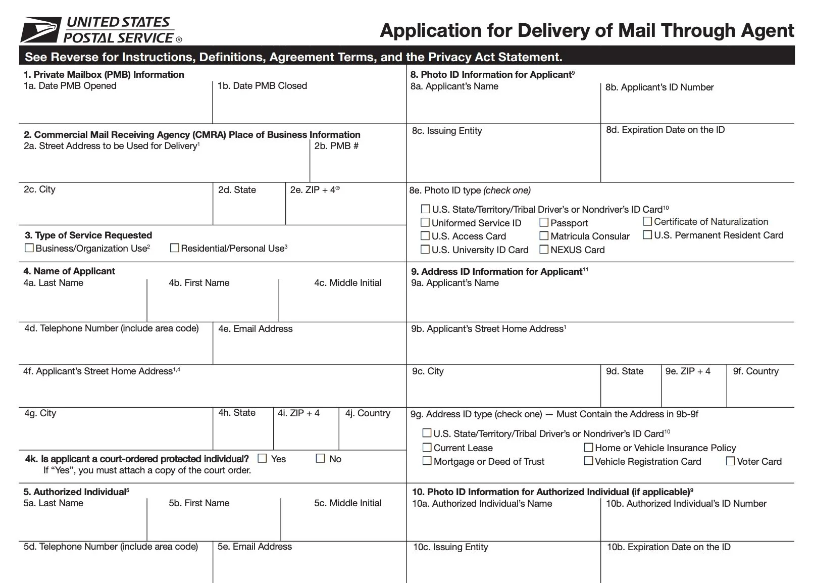 U.S. Postal Service application form for delivery of mail through an agent, containing fields for applicant's information, address, ID, and service type.